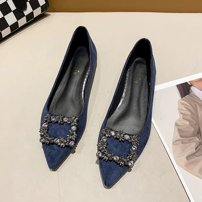 Qadınlar üçün 2025 Yeni Stil Zamşa Düz Rhinestone Tokalı Tək Ayaqqabı, Dayaz Ağız, Uclu Barmaq, Yumşaq Altlıq, Çoxfunksiyalı Qara Peşəkar İş Ayaqqabıları