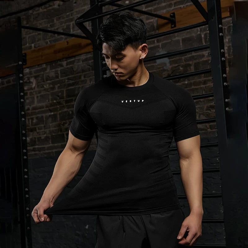 Vest Up Amerika slim fit tikişsiz fitnes qısaqol kişi teksturalı qısaqol yüksək elastik qırış əleyhinə tayt kişi köynəyi