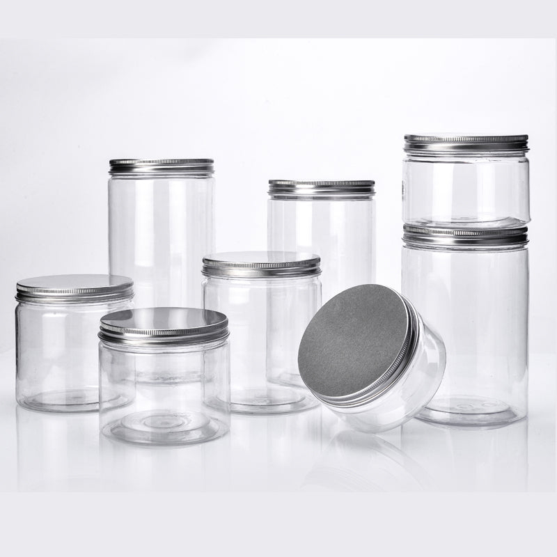 Möhürlənmiş konserv qutusu qida dərəcəli PET boş plastik şüşə qalınlaşdırılmış dairəvi şəffaf geniş ağızlı qəlyanaltı konfet biskvit qablaşdırma bareli