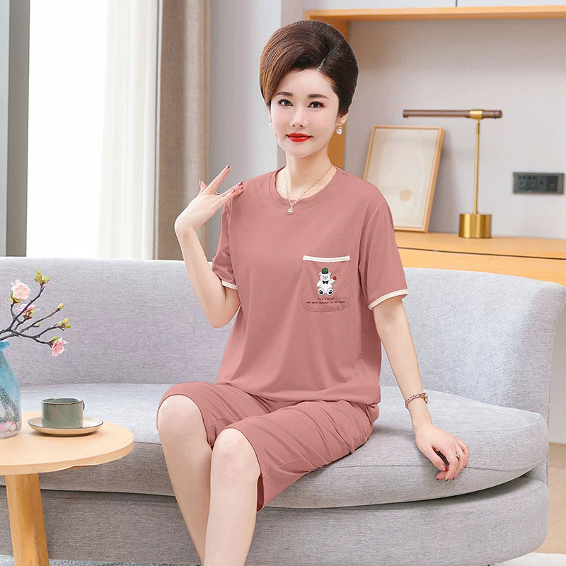 Fenton Kean Modal Pijama Qadın Orta Yaşlı və Yaşlı Analar üçün Yay İncə Qısaqol Soyuq Pullover Ev Geyimi Dəsti