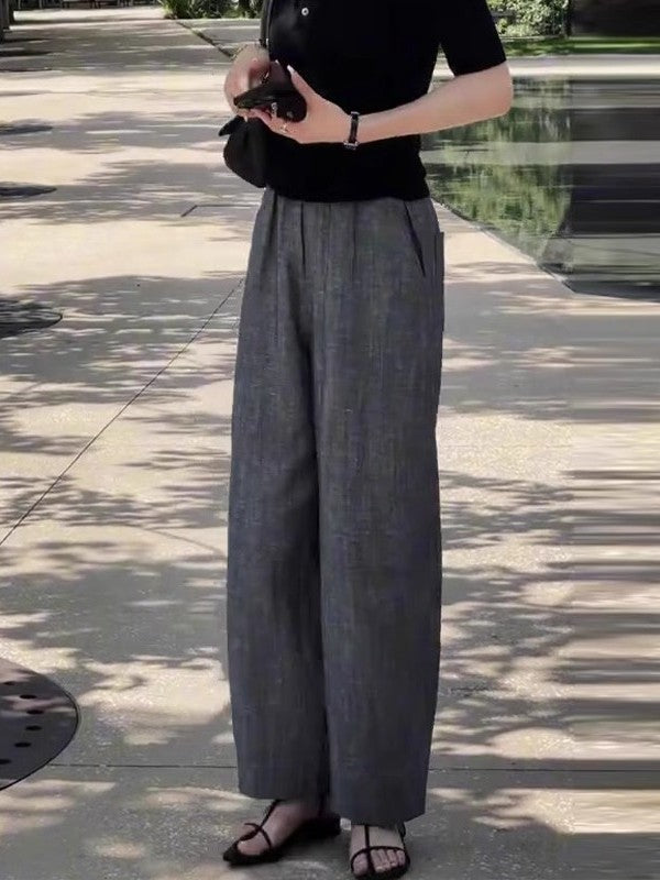 Qadın kətan enli ayaqlı şalvar, yay nazik model, 2026 yeni model, böyük ölçü, geniş forma, arıqladıcı, yüksək belli, qısa gündəlik şalvar.