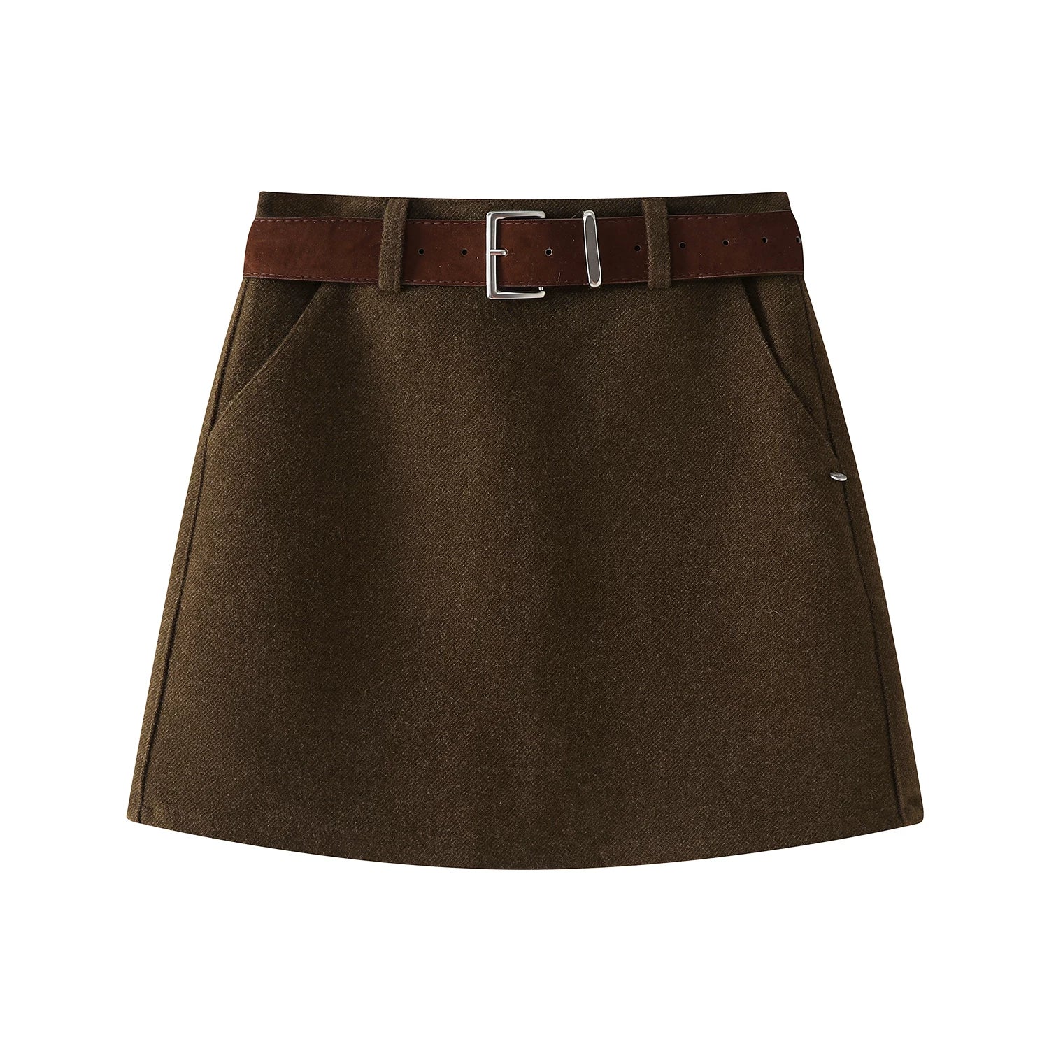 Cholisa Qəhvəyi Midi Ətək, Yaz 2026 Yeni Stil, Yüksək Bel, Ombaya Qucaqlaşan A-Xəttli Yun Mini Ətək, Koreya Üslubunda, Çoxfunksiyalı Ətək