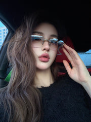 Koreya stili çərçivəsiz jennie eyni üslublu gradient civə günəş eynəyi qadın moda y2k isti qız anti-UV günəş eynəyi