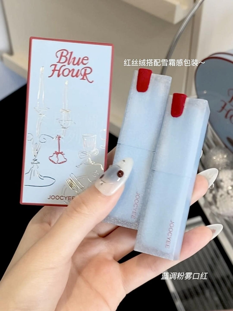 Qış Məhdud Buraxılış! joocyee Fermented Blue Christmas Seriyası Pudra Mat Dodaq Boyası, Buzlu Essensiya Dodaq Parıldadıcısı və Dodaq və Yanaq Kremi