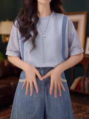 Qadınlar üçün böyük ölçülü, unikal iki hissəli qısaqol köynək, yay üslubunda, geniş və şık.