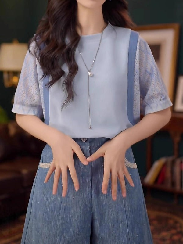 Qadınlar üçün böyük ölçülü, unikal iki hissəli qısaqol köynək, yay üslubunda, geniş və şık.