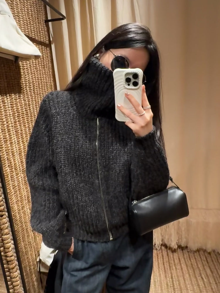 Böyük ölçülü! Qadınlar üçün Amerika retro fermuarlı balıqçı yaxalı hırka, yeni payız/qış üslubunda, geniş formada, qalın toxunmuş palto.