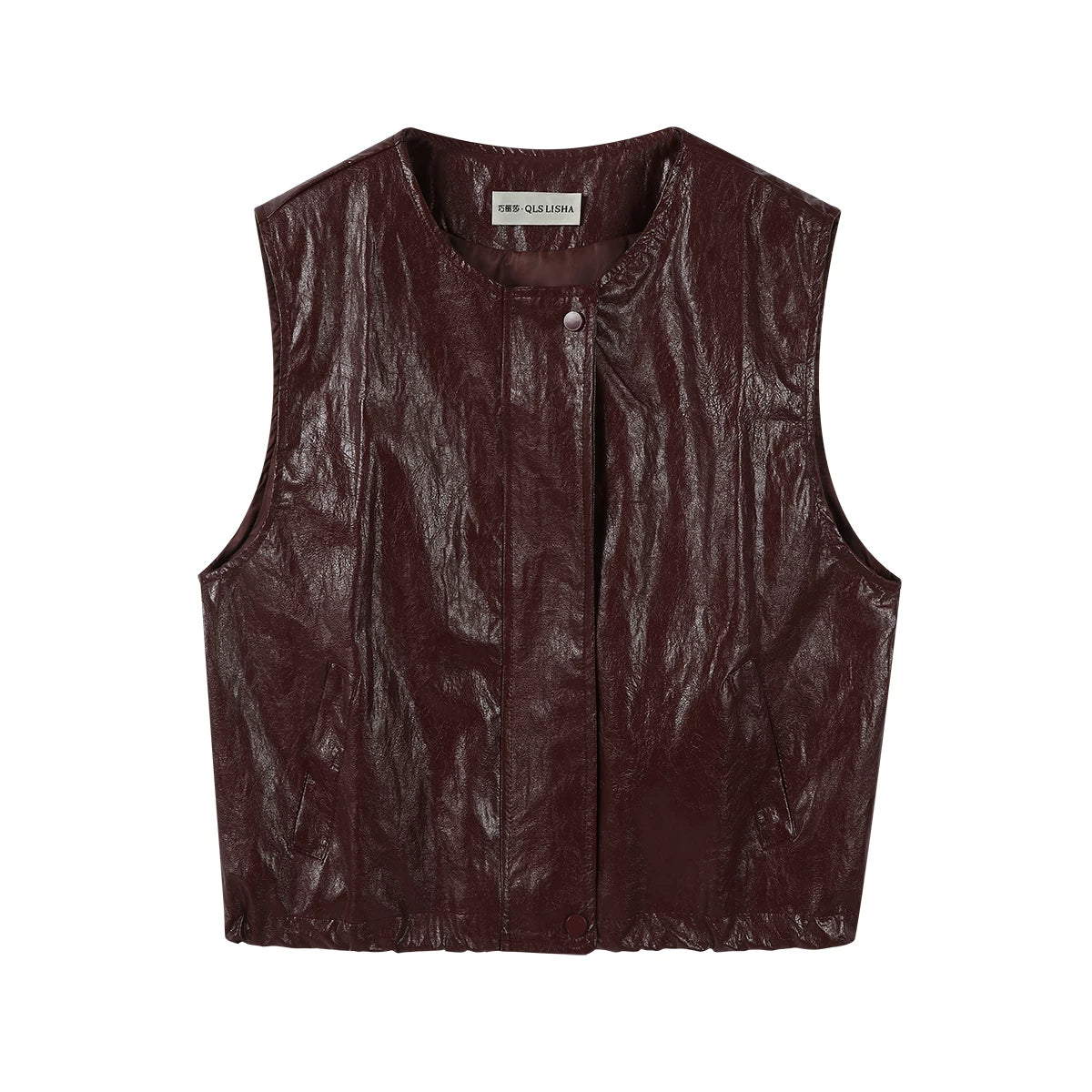 Chola Lisa Erkən Payız Modası Qolsuz Dəri Gödəkçə Qadın Dizaynı Unikal Dəyirmi Yaxalı Boş Üst