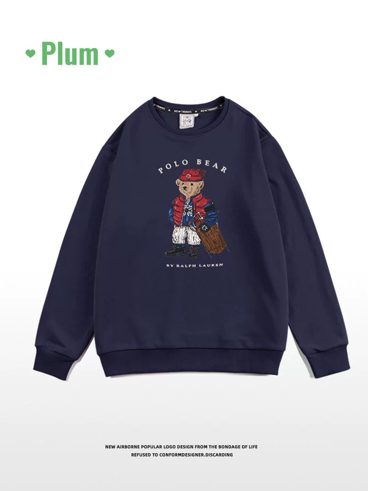 Zhou Yutong-un Amerika retro tünd göy rəngli sviter, qadın 2025-ci il yeni payız və qış stilində, flis astarlı və kiçik ayı naxışı ilə qalınlaşdırılmış.