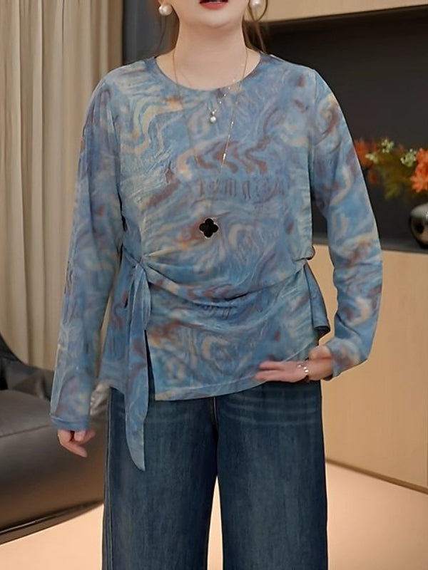 Böyük ölçülü, niş dizaynlı, tay-boya naxışlı torlu futbolka, erkən yaz yeni stili, böyük ölçülü qadınlar üçün arıqladıcı uzunqol köynək.