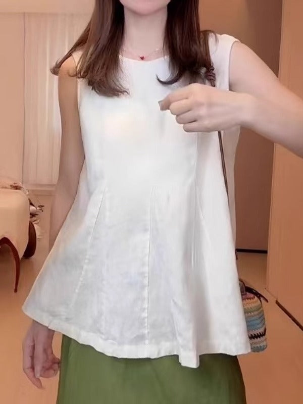 Böyük ölçülü qadınlar üçün təmiz pambıqdan büzməli jilet, yay üst geyimi, geniş formalı, arıqladıcı qolsuz top.