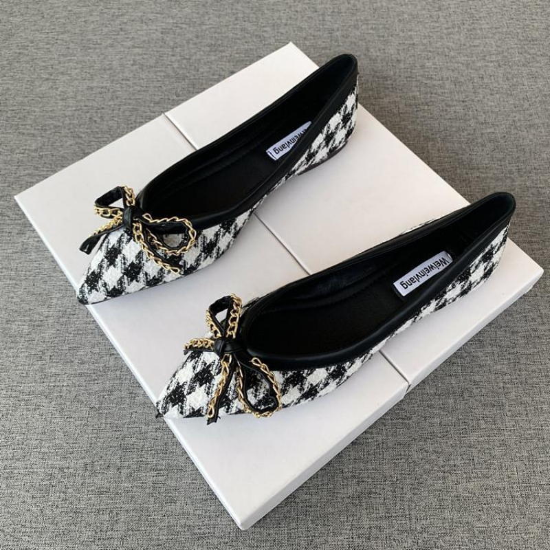 Uclu Düz Qadın Ayaqqabıları 2023 Yeni Houndstooth Bow Ladies S