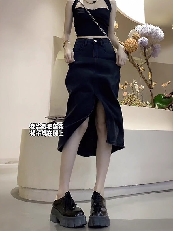 Qadınlar üçün Qara Denim Midi Ətək, 2026 Yeni Yay Modeli, Nazik, Arıqladıcı, Böyük Ölçülü, Dolğun, Boş A-xəttli, Orta Uzunluqlu Ətək