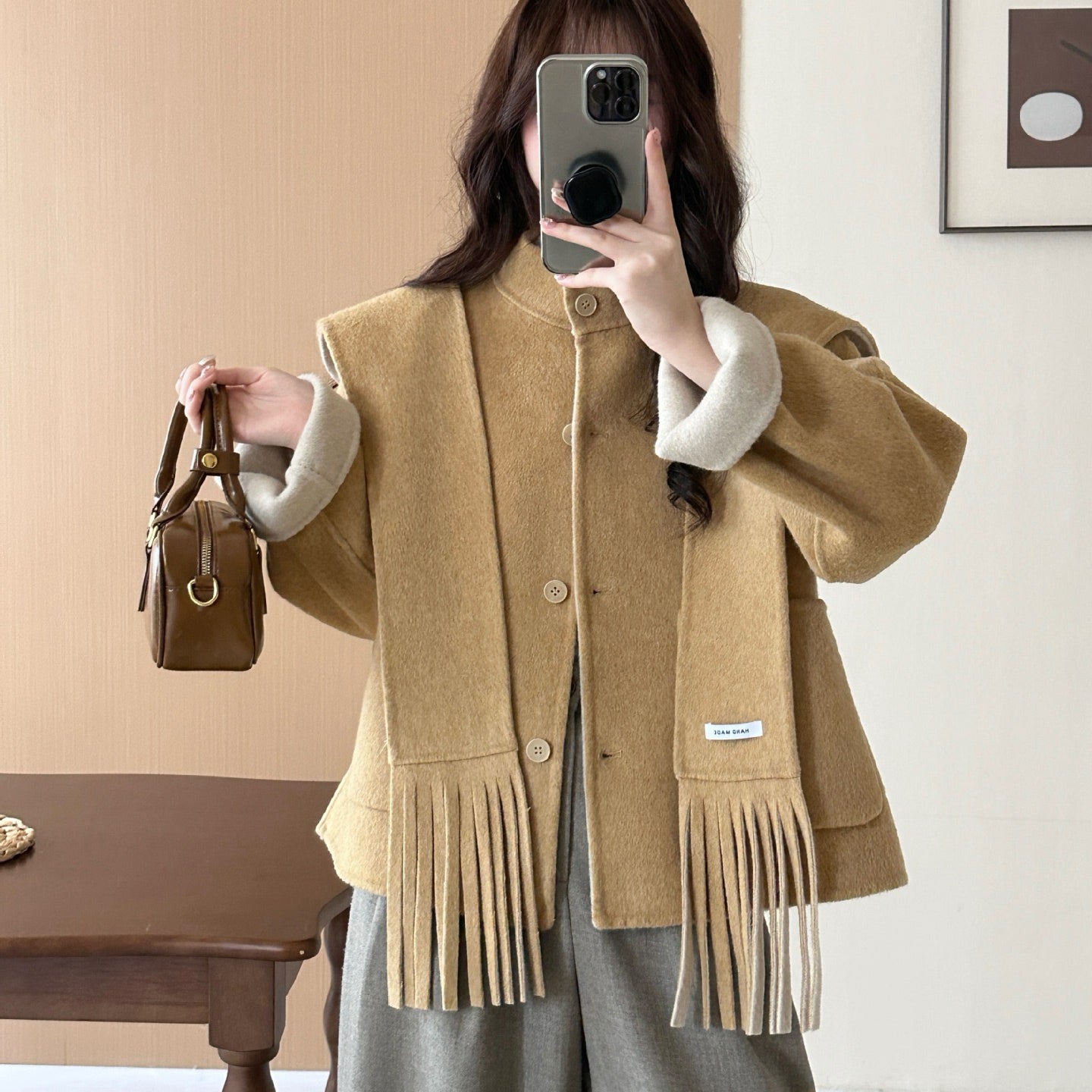 Avropa üslubunda 2025 Payız/Qış Koreya üslubunda eşarp, papaq, iki tərəfli kaşmir palto, qadın qısa yun palto, qalın