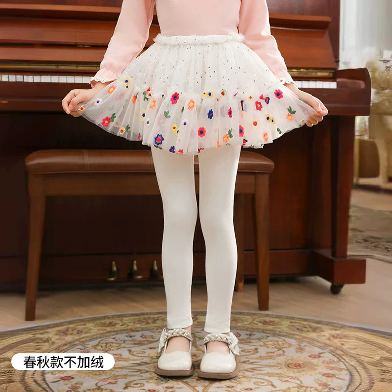 Qızlar üçün bir hissəli ətək şalvarları, 2025-ci ilin yaz və payız mövsümü üçün yeni model uşaq qış geyimləri, flis astarlı, süni iki hissəli leqinslər, ağ, çöldə geyinmək üçün.