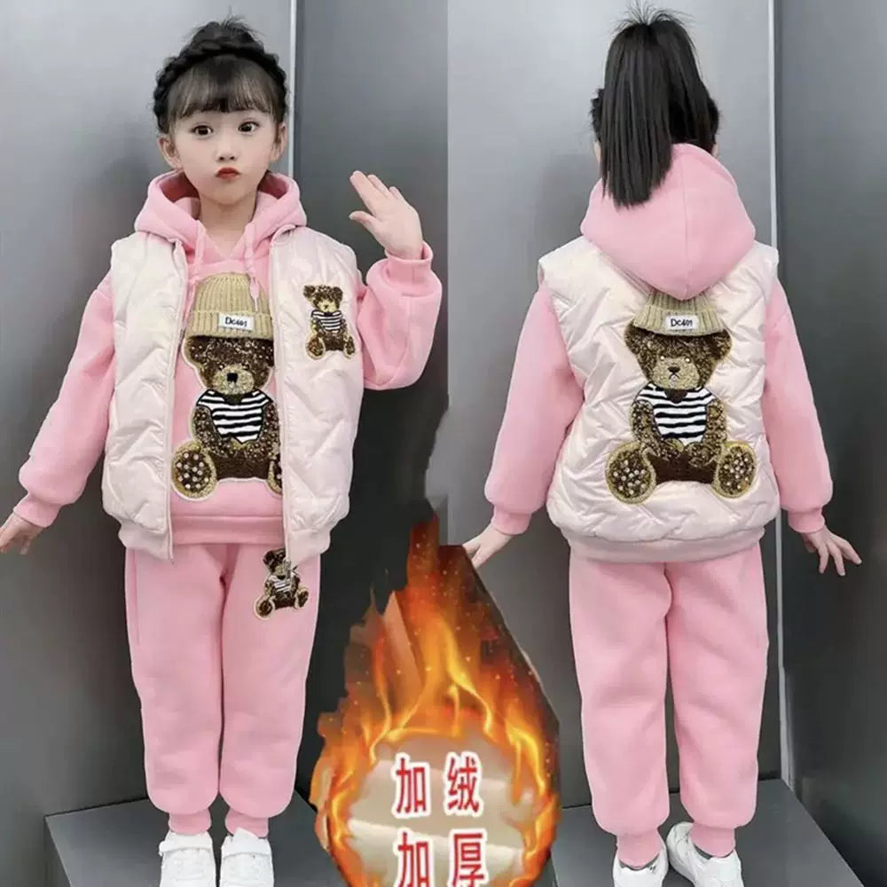 Koreya üslubunda qızlar üçün payız/qış üç hissəli dəst, dəbli, flis astarlı, qalınlaşdırılmış jilet və sviter, 2025-ci ilin yeni modeli.