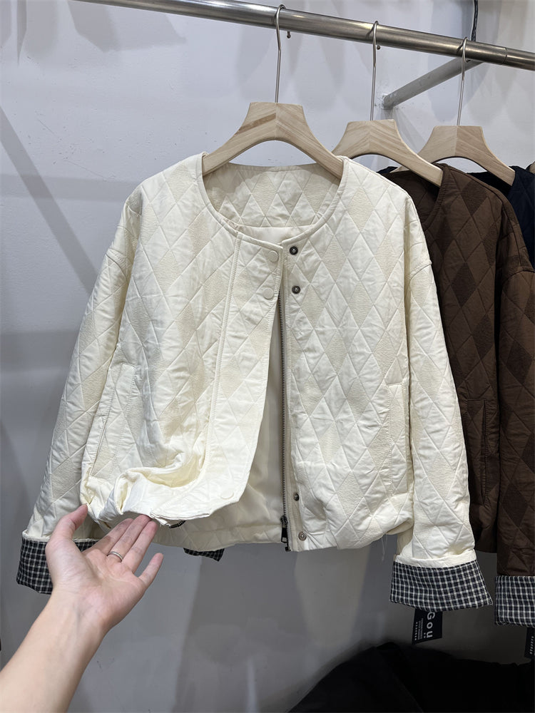 Koreya üslubunda qadınlar üçün sadə, romb naxışlı, bükülmüş qollu pambıq yastıqlı palto, 2025-ci ilin payız yeni modeli, kiçik, dəbli nazik pambıq palto.