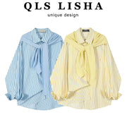 Chorissa Fransız üslubunda gənc və şık uzunqol zolaqlı köynək, yeni yaz və payız üslubunda, çox yönlü və zərif boş top