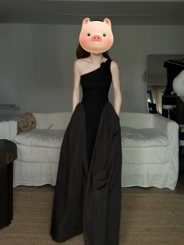 XZY Plus ölçülü Fransız Hepburn üslubunda qadın üçün tək çiyinli çiçəkli don, 2025-ci il yay retro-şık, bel hissəsinə uyğun uzun don.