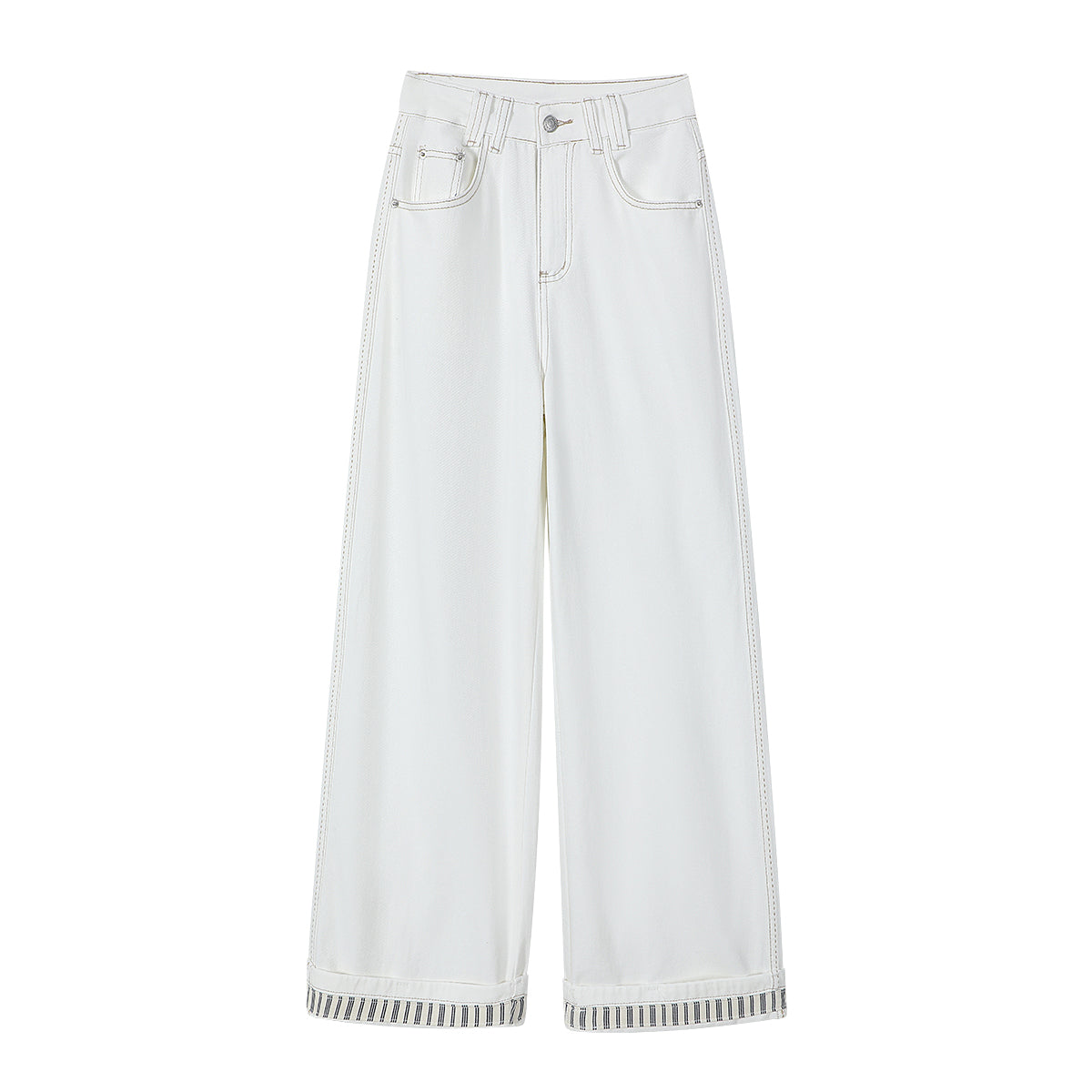 Chorlisa Yay Çoxfunksiyalı Zolaqlı Yamaqlı Düz Ayaqlı Cins Şalvar Qadınlar üçün 2025 Yeni Yüksək Belli Arıqladıcı Ağ Şalvar