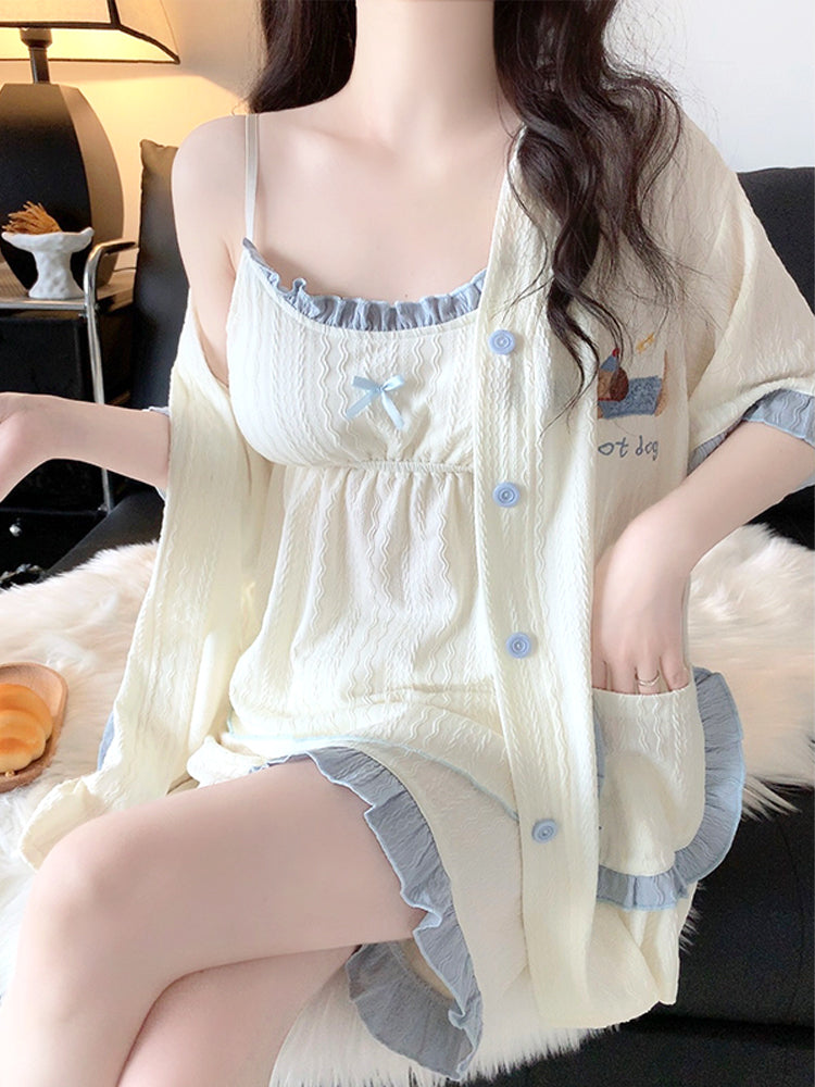 Qadınlar üçün asma üç parçalı pijama döş yastıqları ilə yay təmiz pambıq qısaqol şort ev geyimi qadın nazik 2026 yeni stil