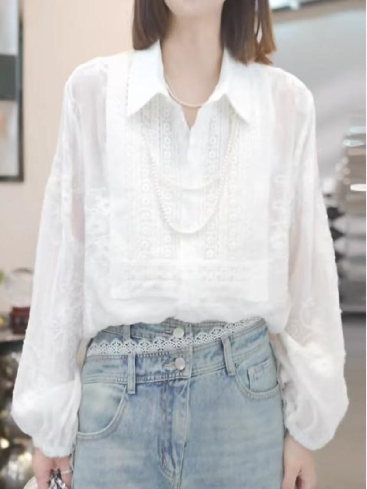 Qadınlar üçün böyük ölçülü krujeva bluza, yaz üslubunda, boş formada, arıqlama üçün, dəbdəbəli, gənc, nazik örtüklü top