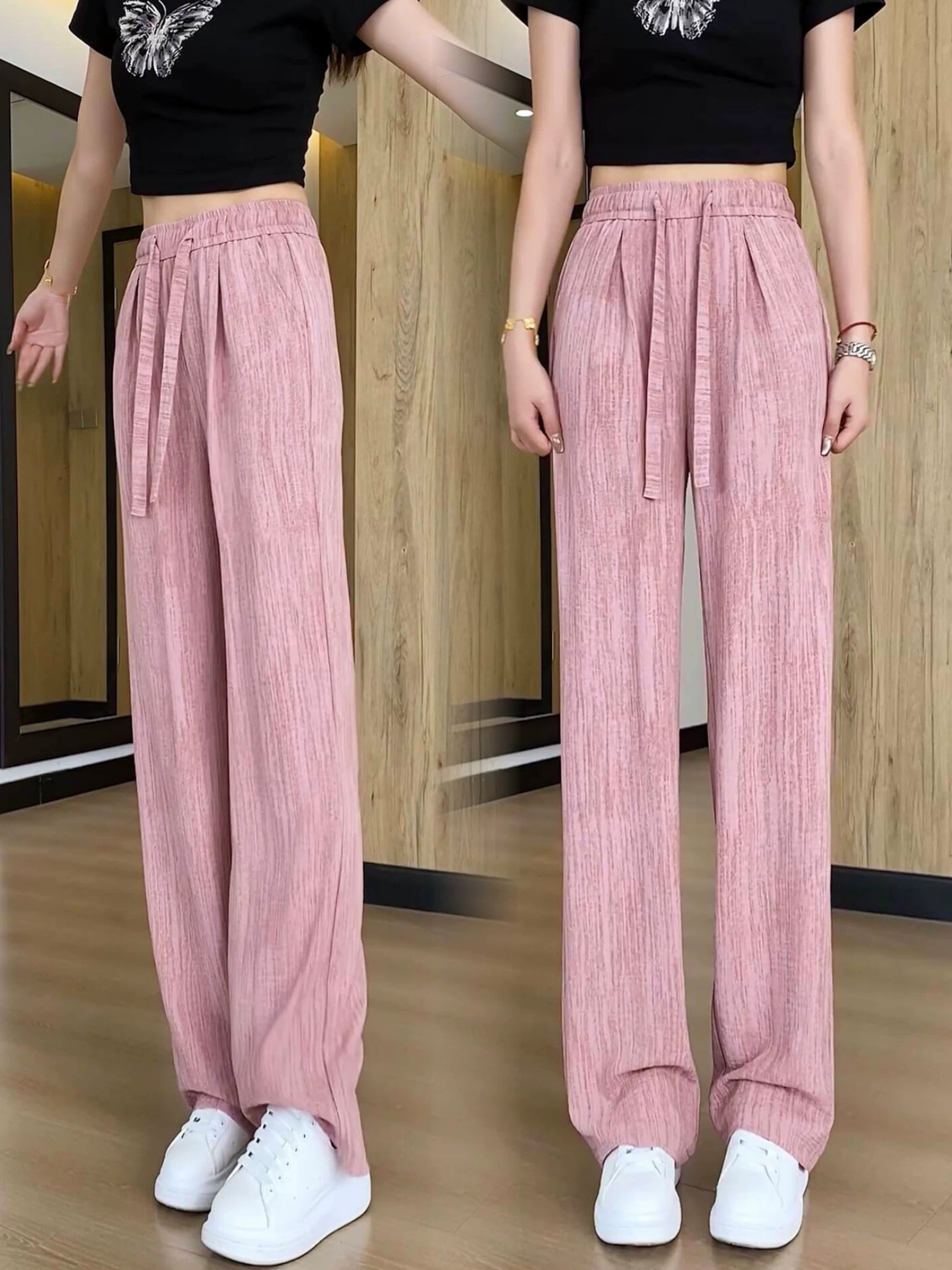 Tencel pambıq və kətandan yayda qadınlar üçün enli pambıq şalvar, kiçik insanlar üçün nazik, hündürbel və drape, ağ buz ipəkdən düz ayaqlı tənbəl təmizləyici şalvar.