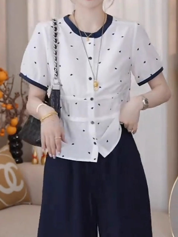 Böyük Ölçülü Qadın Geyimləri, 2026 Yay Yeni Stil, Dəbli, Zərif, Boş Formalı, Arıqladıcı Dəyirmi Yaxalı Qısa Qollu Köynək Topu