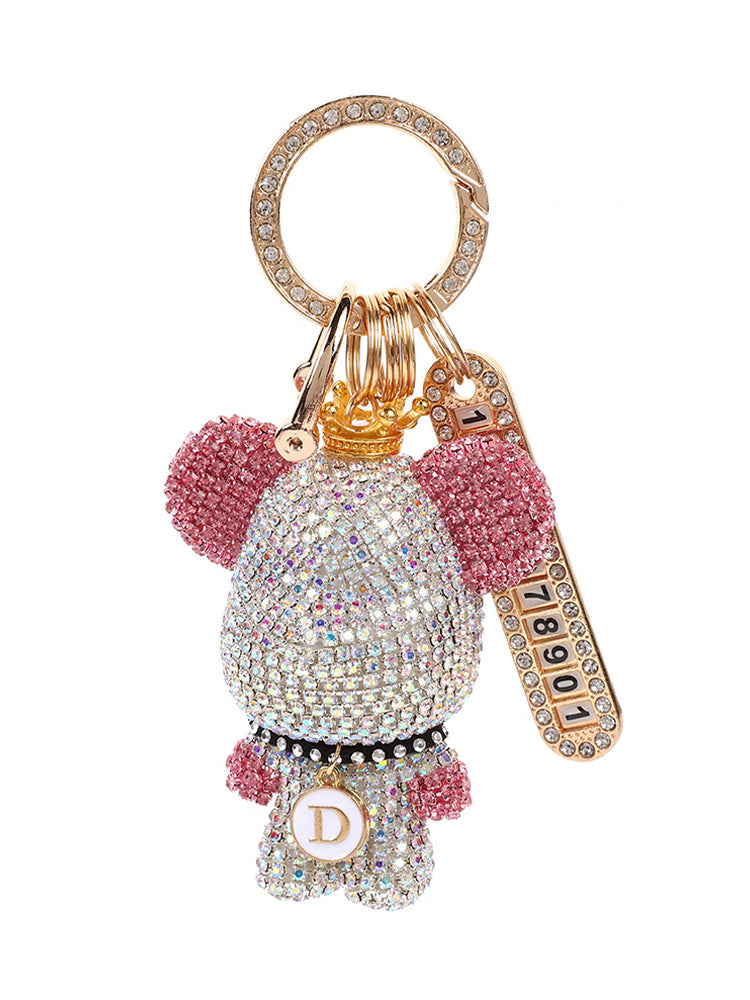 Cartoon full diamond bear-shaped car key chain, creative design, optional diamond-encrusted license plate pendant, anti-loss key chain gift.