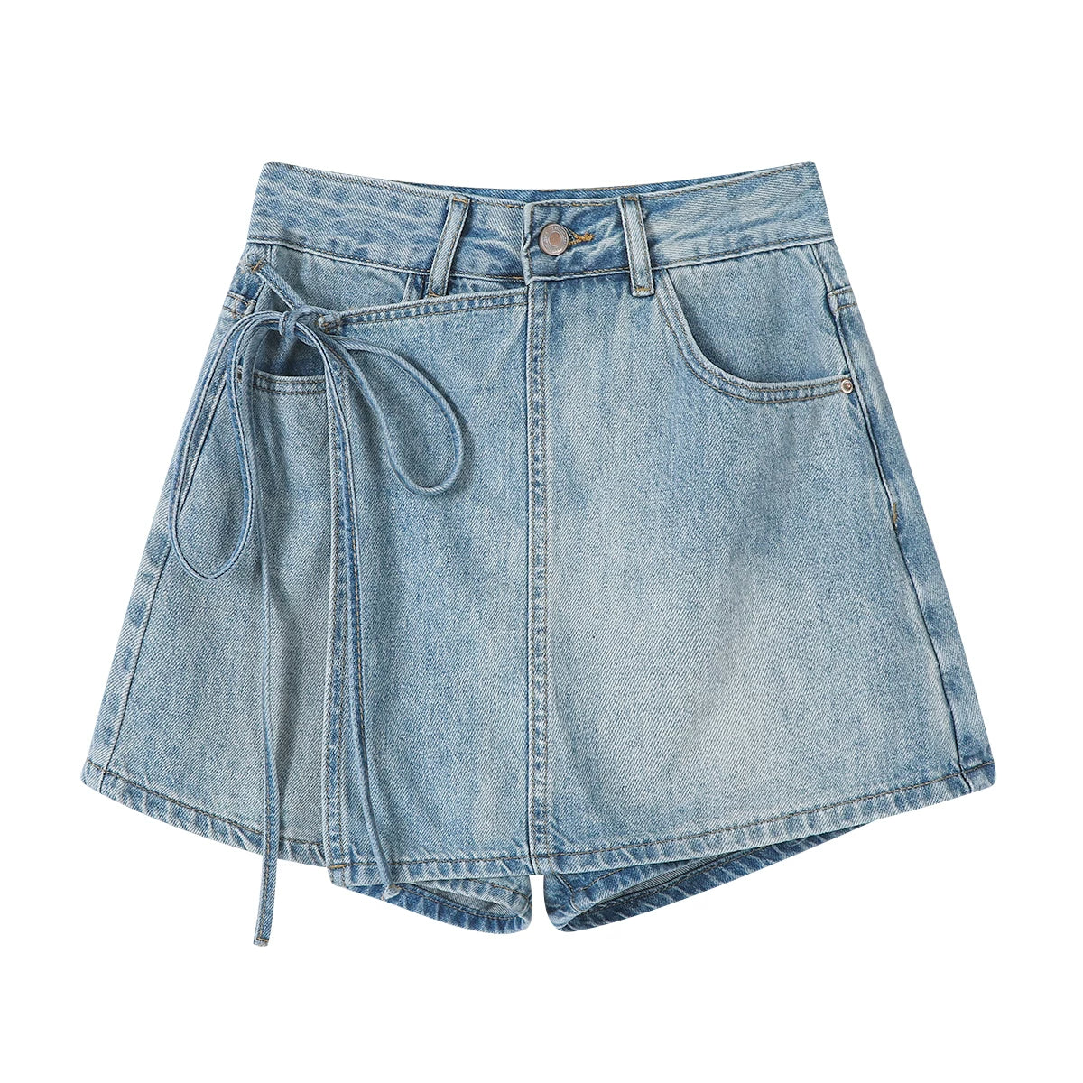 Chorissa Amerika üslubunda, yüksək belli, geniş ayaqlı, açıq rəngli denim şort, yeni yay dizaynı, arıqladıcı və ombaya yapışan stil.