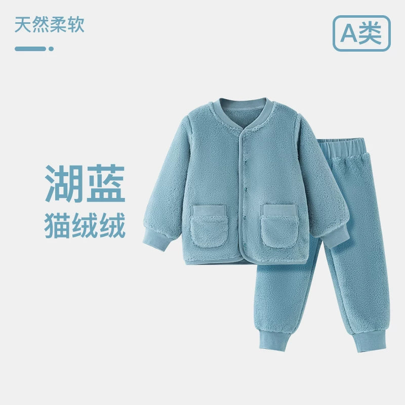 Körpə qış isti xalat, körpə pijamaları, oğlan və qızlar üçün yun astarlı, qalınlaşdırılmış uşaq mərcan yun ev xalat pijamaları