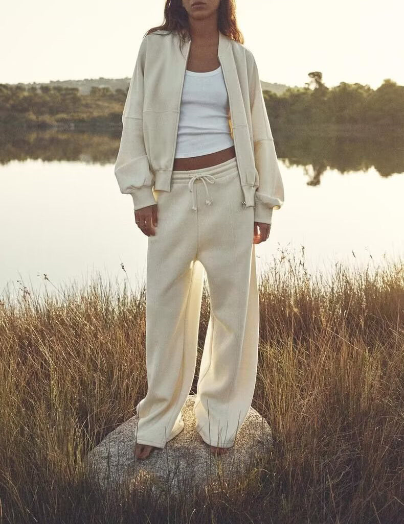 ZA Payız Yeni Fermuarlı Bomber Gödəkçə Sviter 3199802 Yüksək Belli Yun Şalvar 3199803