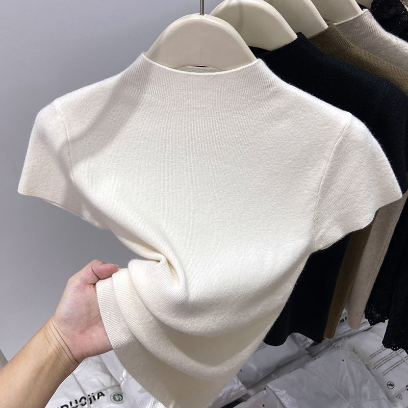 2025 Payız Yeni Gəlişi Yarım Hündür Yaxalı Yumşaq Qısa Qollu T-Shirt Trikotaj Qadınlar üçün İncə Uyğun Dayanacaqlı Yaxalıqlı Üst Qat