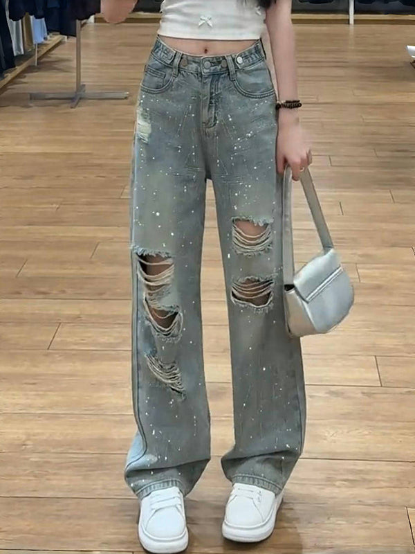 Qadınlar üçün yuyulmuş cırıq rinstone düz ayaqlı cins şalvar, yeni yay üslubunda, böyük ölçüdə, yüksək bel, boş formada, arıqladıcı geniş ayaq şalvarı