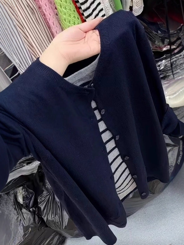 Plus Size Women's Autumn 2025 New Round Collar Striped Faux Two-Piece Knit Cardigan Casual Slimming Color Block Patchwork Top