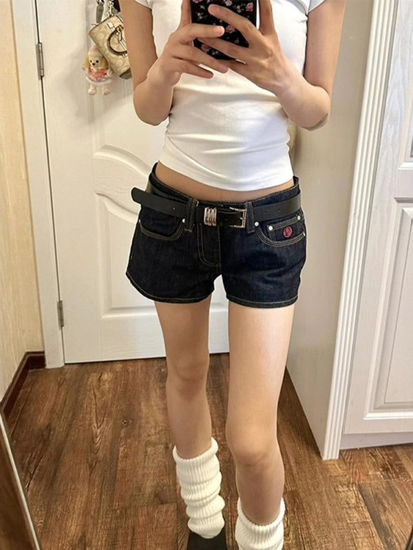 Qadınlar üçün böyük ölçülü tünd göy rəngli, aşağı belli denim şortlar, yeni yay stili, böyük ölçülü qadınlar üçün seksual, arıqladıcı, çox yönlü düz ayaqlı isti şalvar.