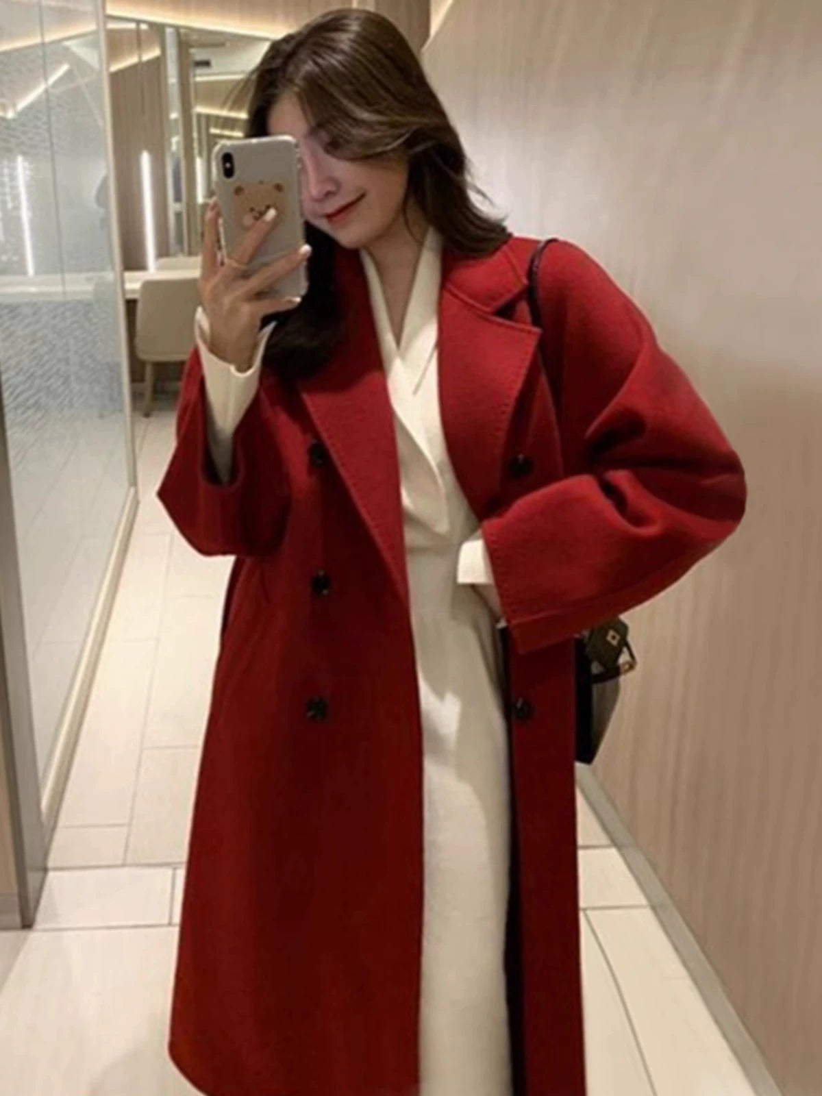 Qara yun palto, Koreya üslubunda, arıqladıcı, kiçik, zərif, orta uzunluqlu, yüksək səviyyəli, unikal, qadınlar üçün qalın blazer gödəkçə.