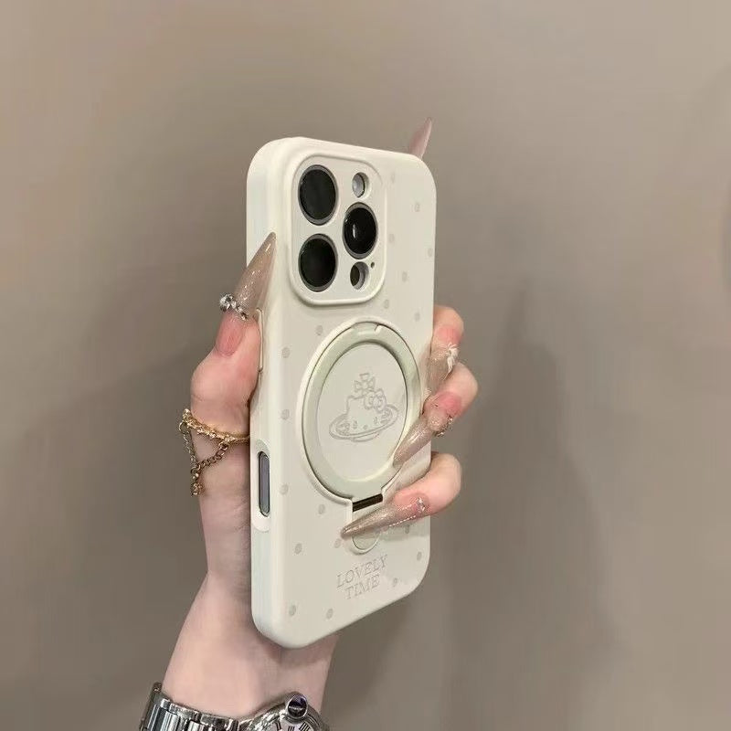 Ins tərzində Kitty pişik planeti polka nöqtəli maqnit stend Apple 16Promax mobil telefon qutusu iPhone15Promax maye silikon 14Pro sadə hər şey daxil 13/12 yıxılmaya qarşı qoruyucu örtük