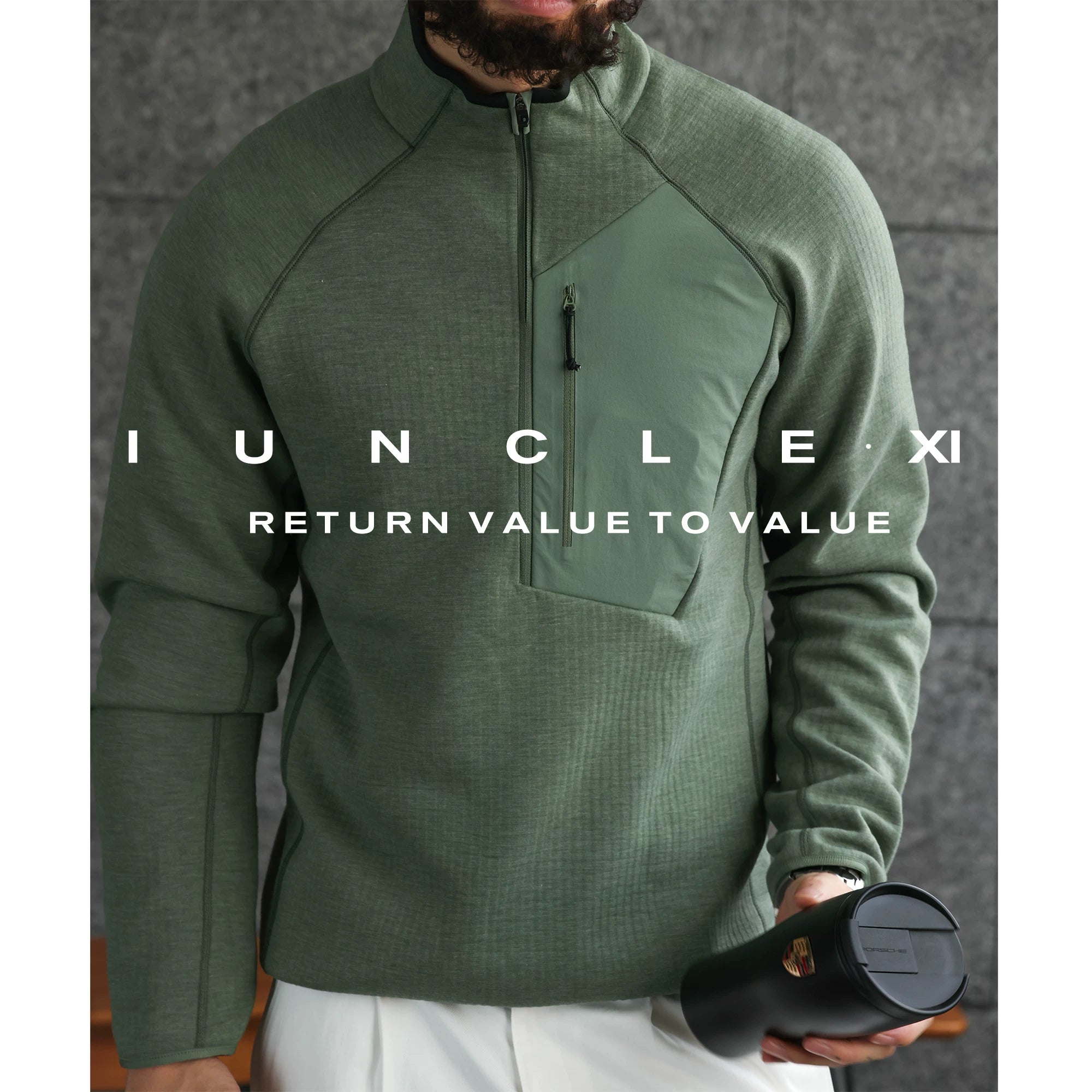 IUNCLEXI [Sərhədsiz Stil] Kişilər üçün İsti Flis Yaxalıqlı Fitnes İdman Yarım Fermuarlı Uzun Qollu Sviter, Payız və Qış İstiliyi