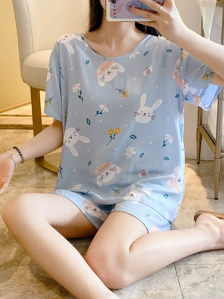 Qısaqol şort, qadın üçün pambıq ipək pijama, yay şirin kondisionerli ev paltarı, cizgi filmi qızları çöldə geyinmək olar, tələbə pambıq ipək kostyumlar