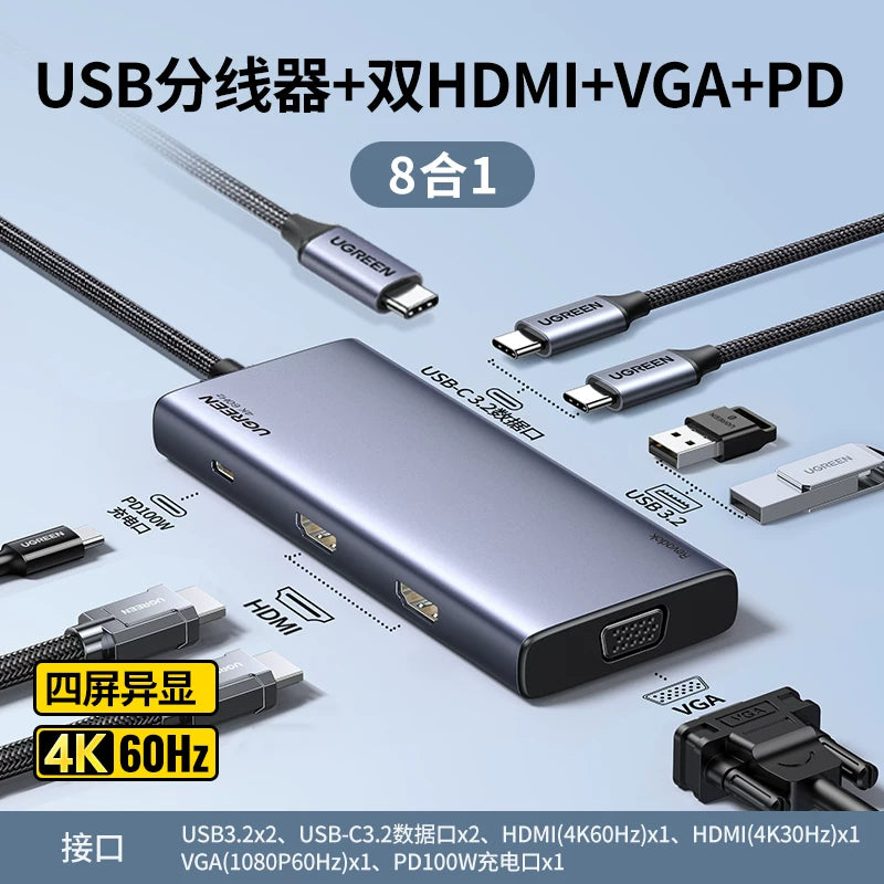 Green Alliance typec-dən HDMI genişləndirilməsi DP1.2 dörd ekranlı diferensial displey 4K60Hz proyeksiya dok stansiyası 2K displey bölünmüş ekran çevirici multi-interfeys funksiyası USB splitter kompüter noutbukları üçün uyğundur