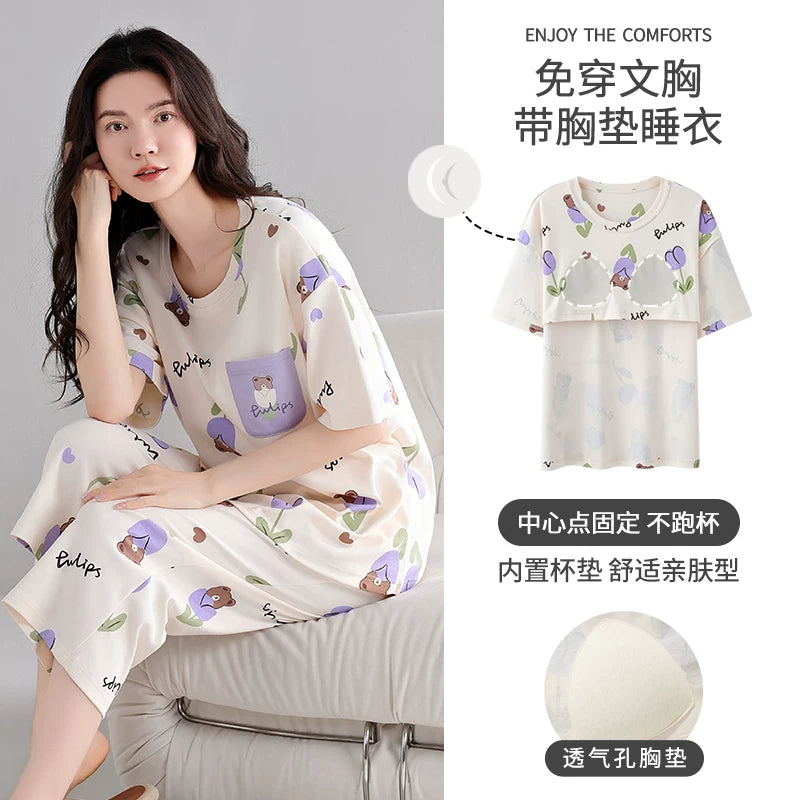 Urban Beauty təmiz pambıq pijama qadınlar üçün yay yeni qısaqol, sinə yastiqciqları olan dörddə üç şalvar ev geyimi mavi kostyum