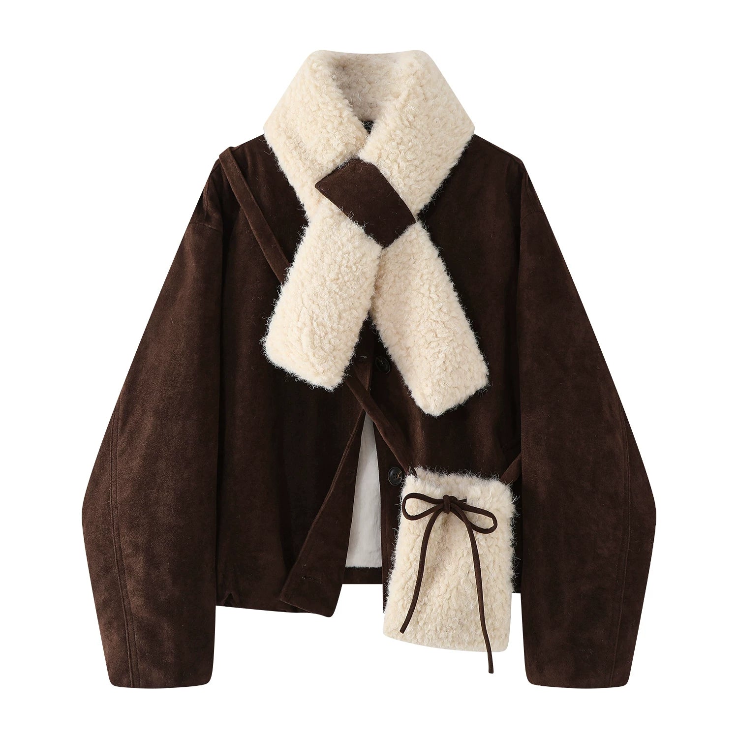 Cholisa'nın qadınlar üçün super şirin qırmızı retro zamşa quzu yun motosiklet pambıq paltosu, payız və qış, yun astarlı və qalınlaşdırılmış.