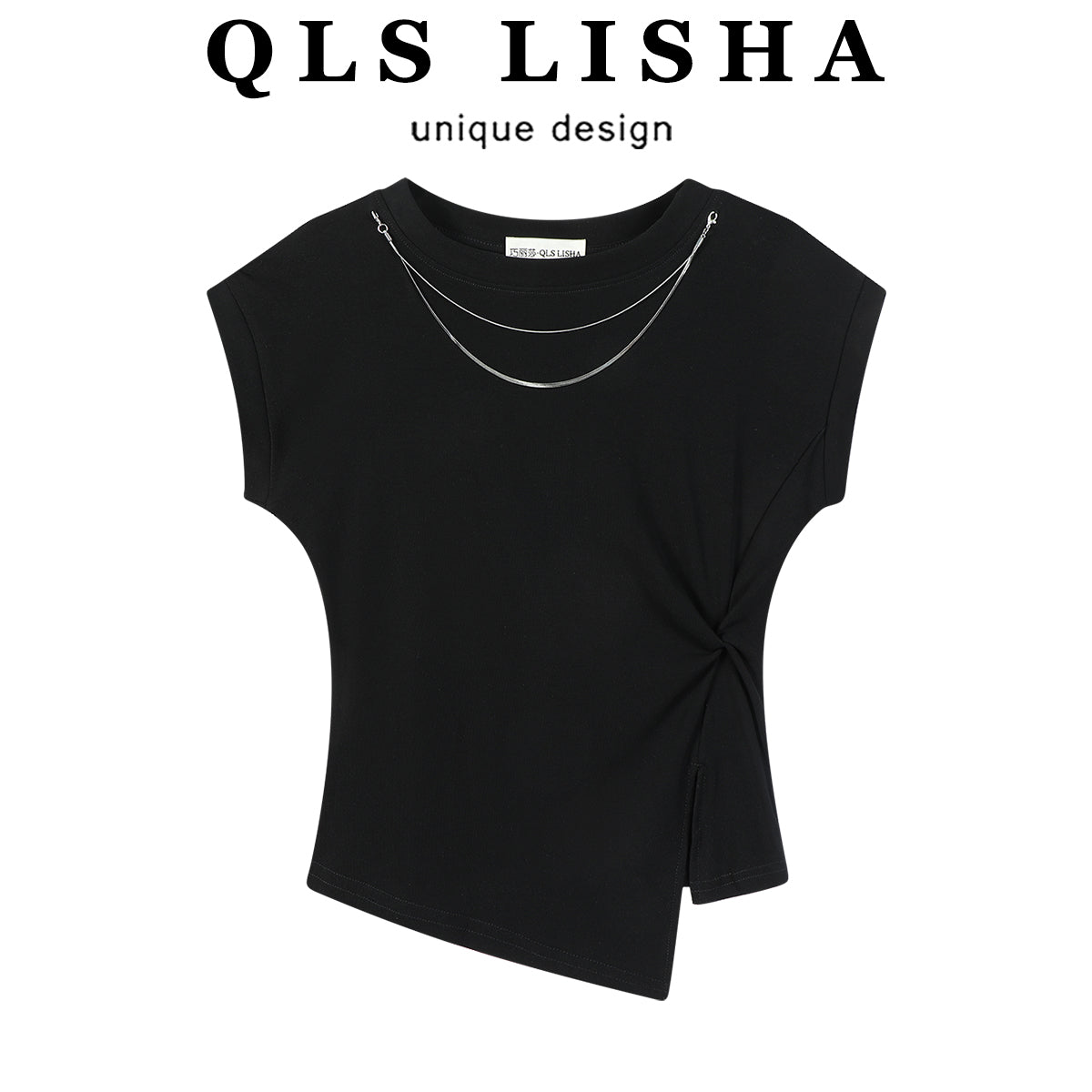 Cholisa-nın özünəməxsus zəncir dizaynı, çiyinləri açılan qollar, qeyri-bərabər düyün, qadınlar üçün yüksək keyfiyyətli qısaqol köynək, yay.