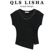 Cholisa-nın özünəməxsus zəncir dizaynı, çiyinləri açılan qollar, qeyri-bərabər düyün, qadınlar üçün yüksək keyfiyyətli qısaqol köynək, yay.