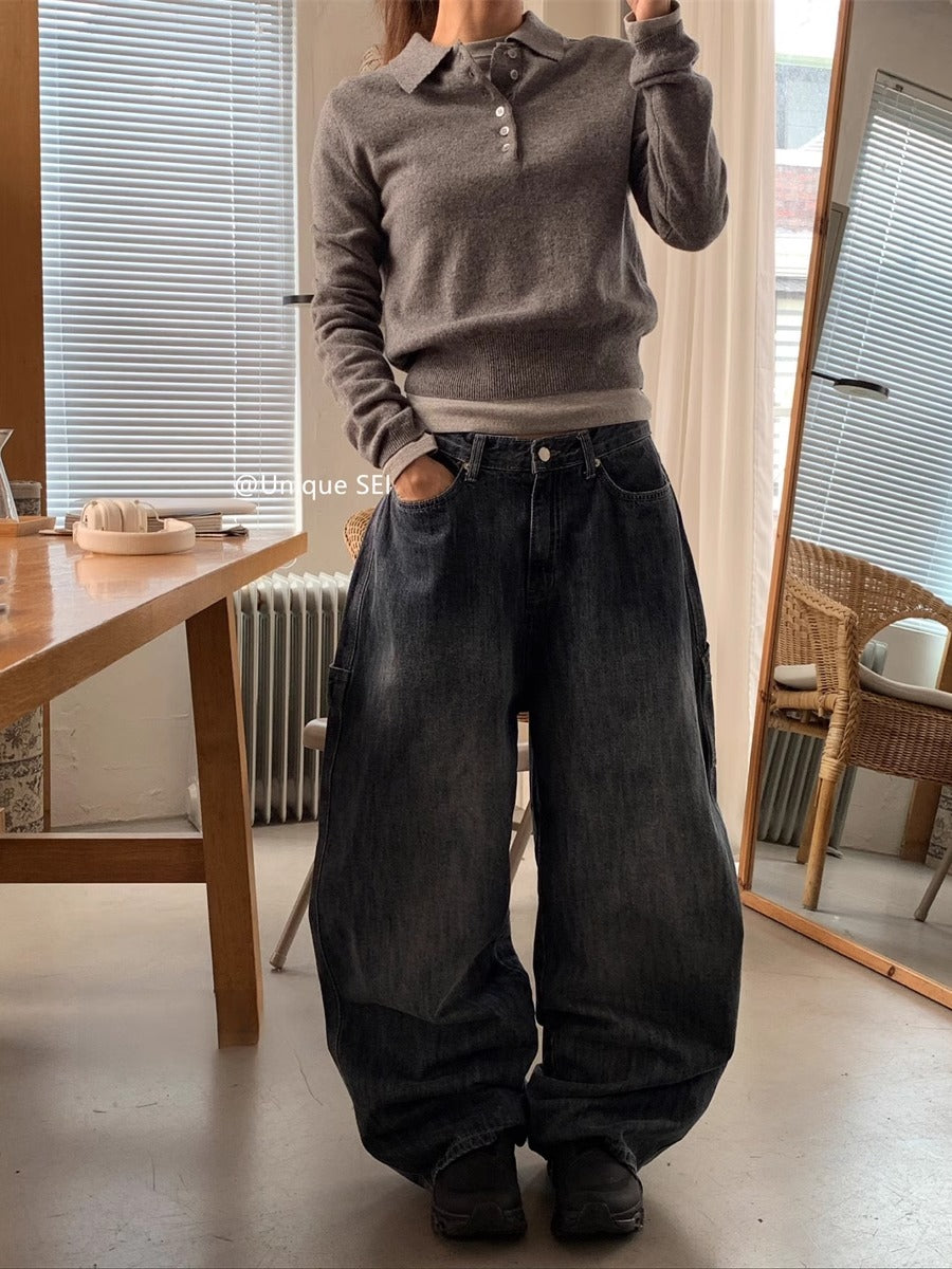 Unikal SEI Küçə Stilində Koreya Tənbəl Polo Yaxalıq Düyməli Boş Gündəlik Çoxfunksiyalı Uzunqollu Trikotaj Sviter