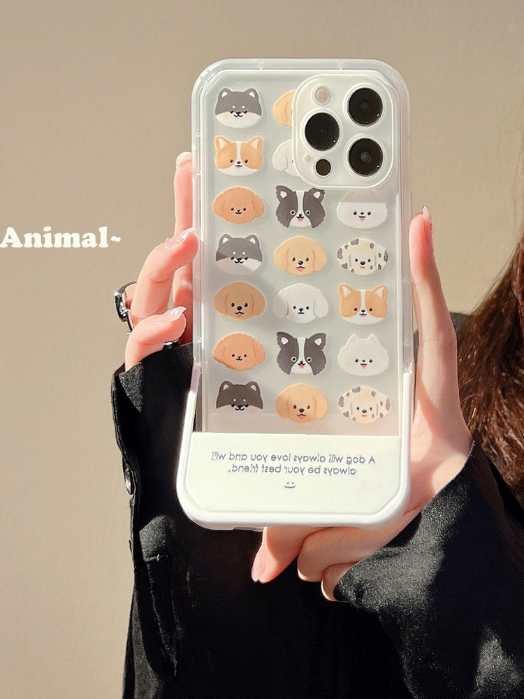 Minimalist Premium iPhone Case for iPhone 16, 16e, 15, 13, Apple 12 Pro Max, Folding Stand, 14-Piece Set, 11 Cartoon Dog Case Plus