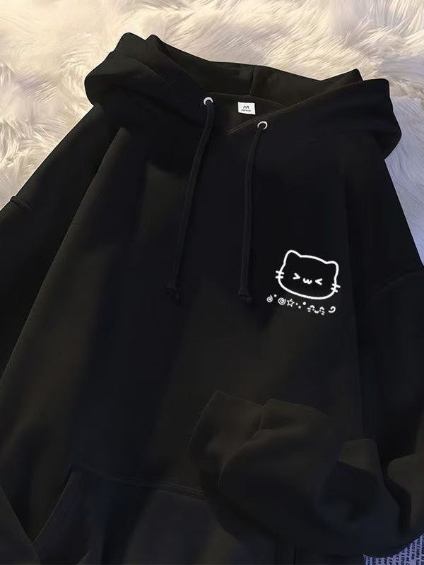 Oğlan və qız uşaqları üçün yeni stildə küçə cizgi filmi pişik naxışlı kapşonlu sviter, geniş formalı, orta və böyük uşaqlar üçün payız və qış aylarında çoxfunksiyalı top və palto.