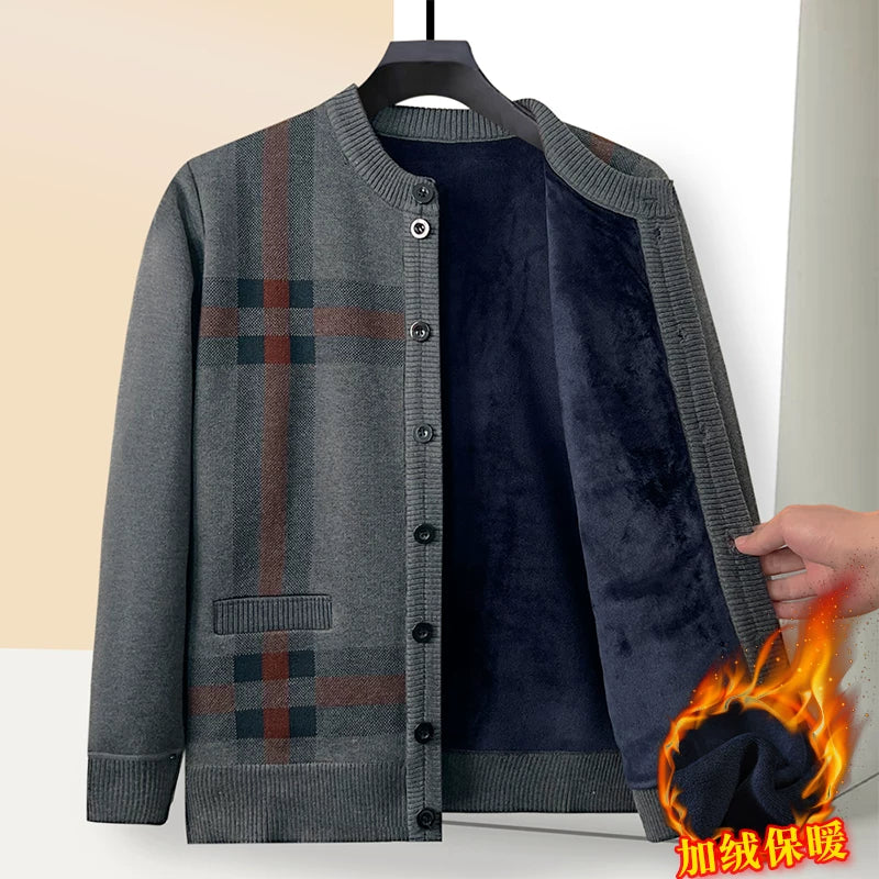 Payız və qış qalın flis hırka, orta və yaşlı insanlar üçün isti, dairəvi yaxalı düyməli toxunma sviter palto, baba köynəyi