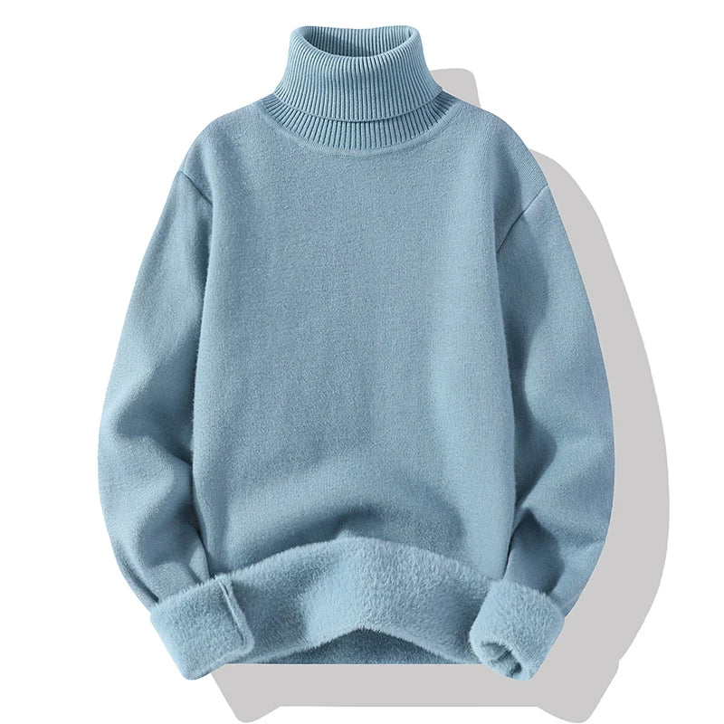 Kişilər üçün balıqçı yaxalı sviter, yun sviter, payız və qış iç qatı, flis astarlı, qalınlaşdırılmış ağ bir hissəli flis trikotaj